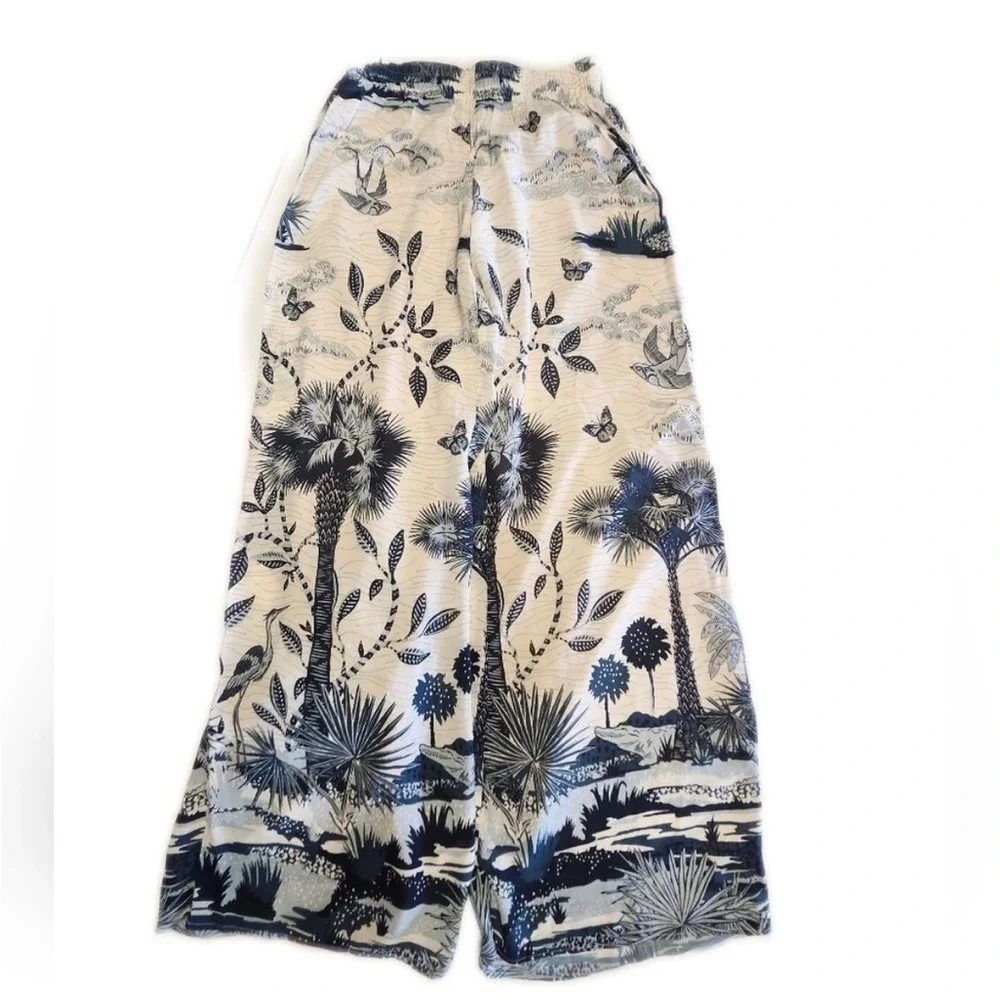 Spartina 449 Maude Palazzo Wide-Leg Pants Tropical Landscape Print Cream Navy, L - Picture 7 of 15